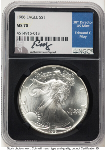 1986 Silver Eagle Ed Moy Blk Core 70 NGC