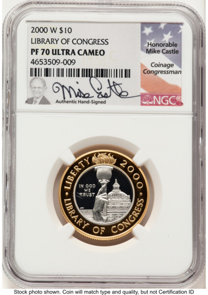 2000-W $10 Library of Congress Bi-Metallic Gold 0.2509 oz and Platinum 0.2509 oz, PR Mike Castle 70 NGC