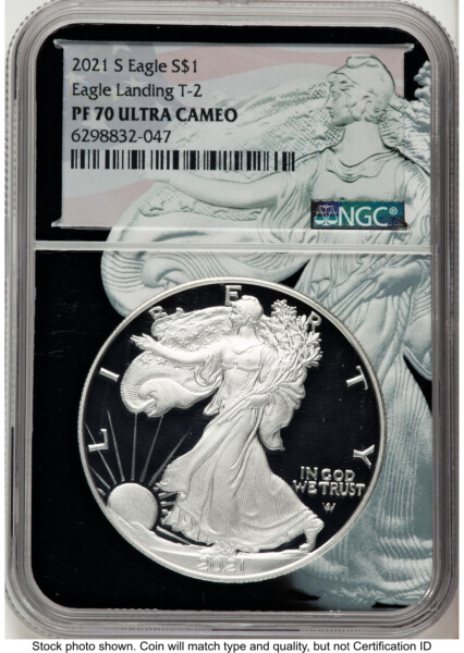 2021-S TY2 Proof Silver Eagle 1 oz Black Silver Eagle Core Overlay/Label 70 NGC