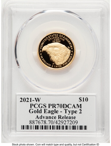 2021-W Type 2 Proof Gold Eagle 1/4 oz AR Emily Damstra 70 PCGS