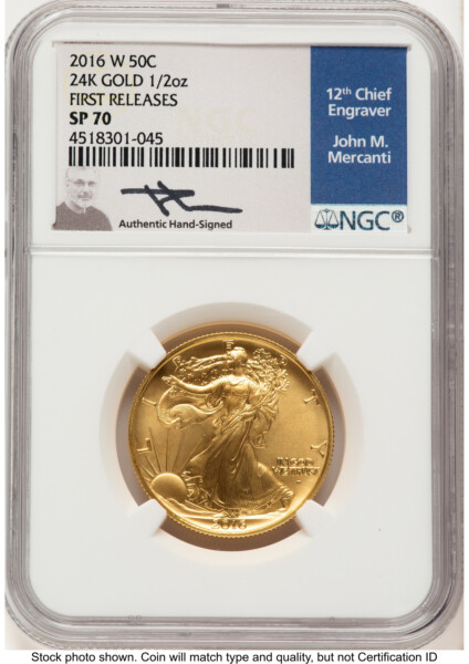 2016-W 50C Walking Liberty 100th Anniversary Gold Centennial  FR John Mercanti Blue 70 NGC
