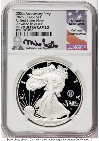 2025-S Proof Silver Eagle Privy U.S. Navy 250th Anniversary 1 oz AR Mike Castle 70 NGC