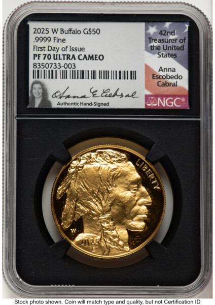 2025-W Proof Gold Buffalo 1 oz FDI Anna Cabral Blk Core 70 NGC