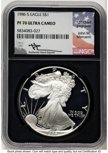 1986-S Proof Silver Eagle 1 oz John Mercanti Blk Core 70 NGC