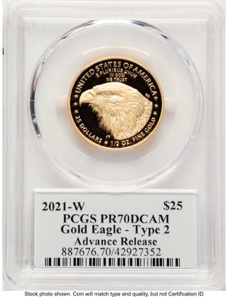 2021-W Type 2 Proof Gold Eagle 1/2 oz AR Emily Damstra 70 PCGS