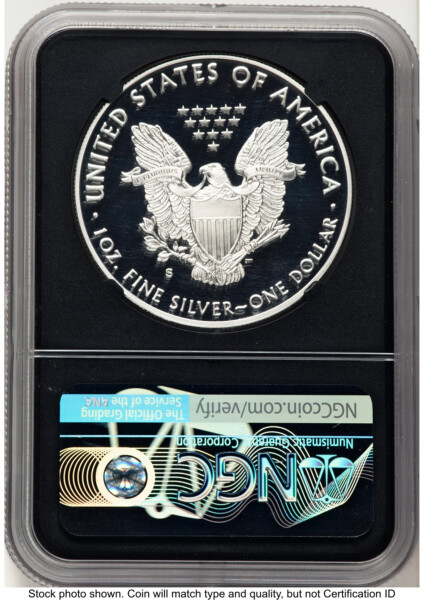 2019-S Proof Silver Eagle 1 oz FDI Trolley Label Blk Core 70 NGC