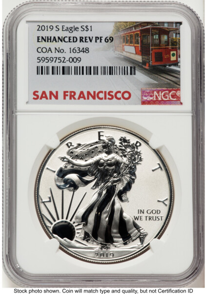 2019-S Enhanced Reverse Proof Silver Eagle 1 oz Trolley Label 69 NGC