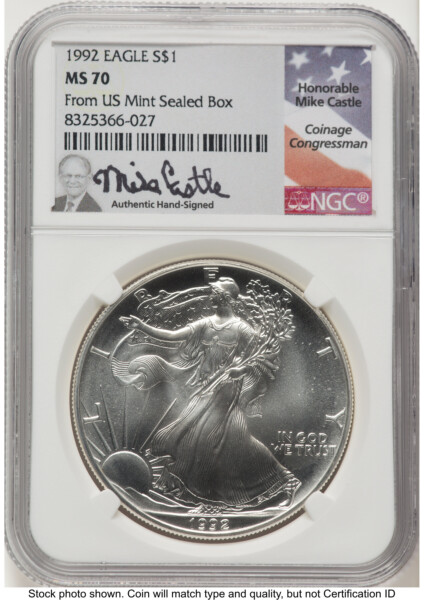 1992 Silver Eagle Mike Castle From US Mint Sealed Box 70 NGC