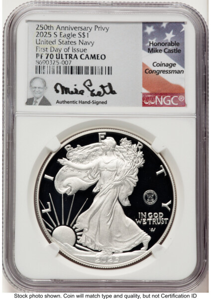 2025-S Proof Silver Eagle Privy U.S. Navy 250th Anniversary 1 oz FDI Mike Castle 70 NGC