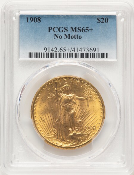 1908 $20 NO MOTTO PCGS Plus 65 PCGS