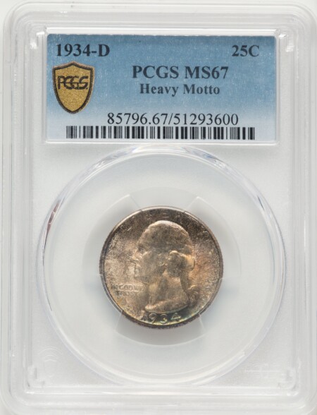 1934-D 25C Heavy Motto, MS PCGS Secure 67 PCGS