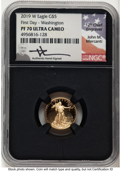 2019-W Proof Gold Eagle 1/10 oz FDI John Mercanti Washington DC Blk Core 70 NGC