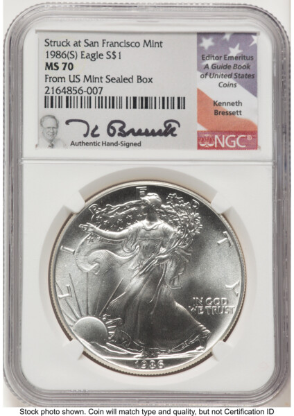 1986-(S) Silver Eagle Kenneth Bressett Portrait From US Mint Sealed Box 70 NGC