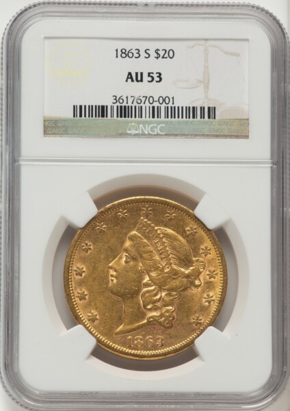 1863-S $20 Brown Label 53 NGC