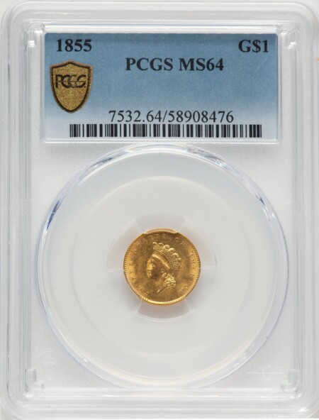 1855 G$1 Type Two, MS PCGS Secure 64 PCGS