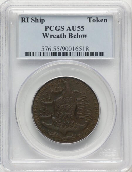 RI SHIP Rhode Island Ship Token, Wreath Below, Copper, BN 55 PCGS