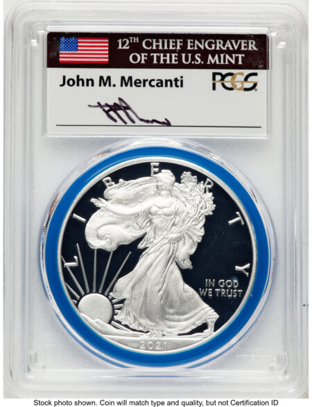 2021-W TY1 Proof Silver Eagle 1 oz FDI Mint Engraver Series John Mercanti Blue Gasket 70 PCGS