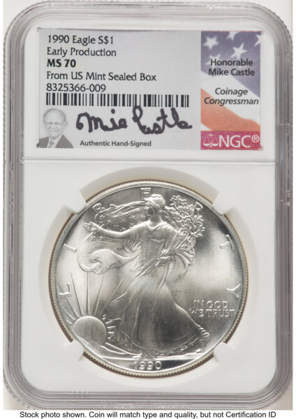 1990 Silver Eagle Early Production Mike Castle From US Mint Sealed Box 70 NGC