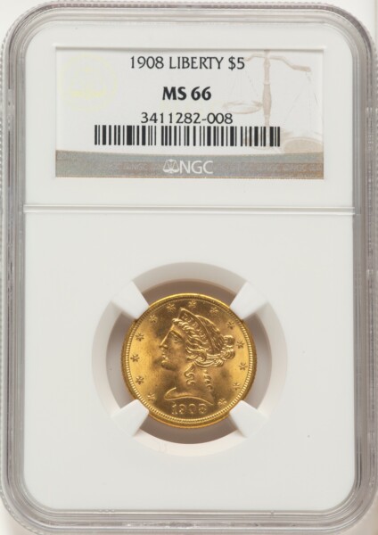 1908 $5 Liberty, MS 66 NGC