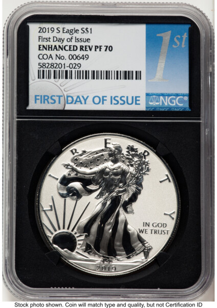 2019-S Enhanced Reverse Proof Silver Eagle 1 oz FDI 1ST Blk Core 70 NGC