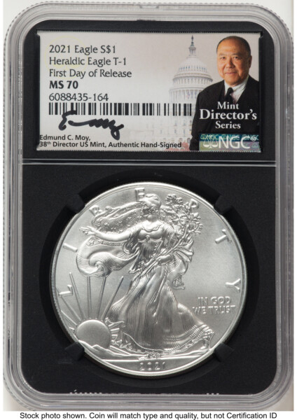 2021 Silver Eagle Type 1 FDR Ed Moy Mint Director's Series Blk Core 70 NGC