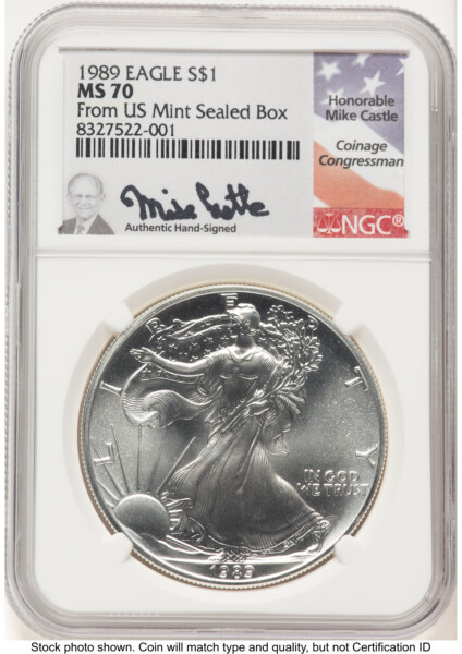 1989 Silver Eagle Mike Castle From US Mint Sealed Box 70 NGC