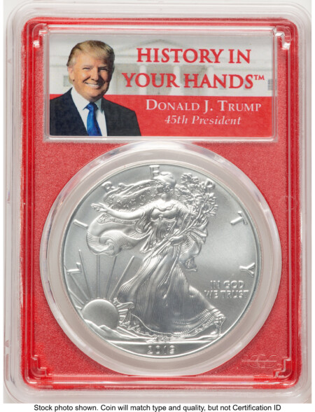 2019 Silver Eagle Trump "History in Your Hands" Red Frame Label 70 PCGS