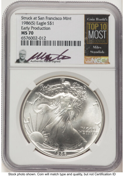 1986-(S) Silver Eagle Early Production Miles Standish Coin World's Top 10 Most Influential Label 70 NGC
