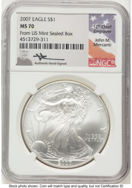 2007 Silver Eagle John Mercanti From US Mint Sealed Box 70 NGC