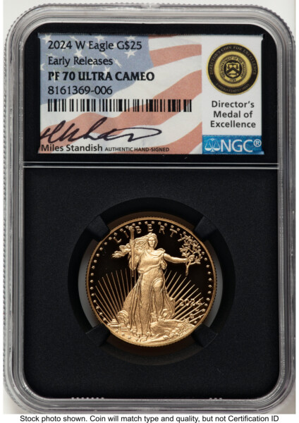 2024-W Proof Gold Eagle 1/2 oz ER Miles Standish Blk Core 70 NGC