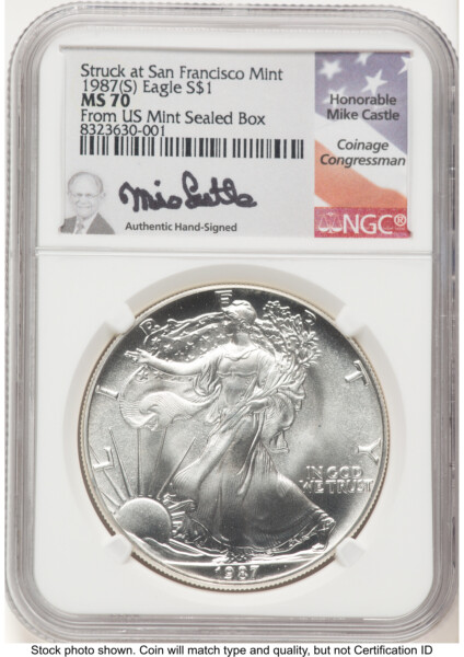 1987-(S) Silver Eagle Mike Castle From US Mint Sealed Box 70 NGC