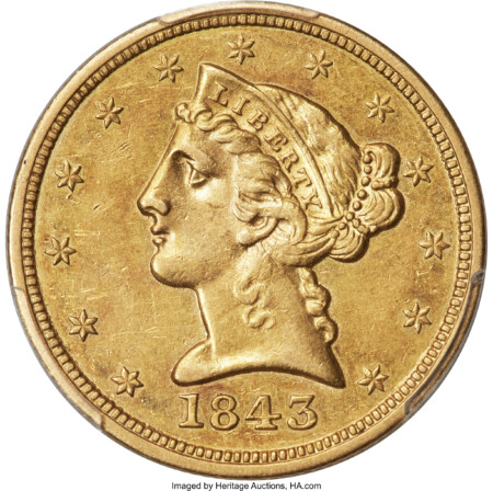 1843-O $5 Small Letters, MS PCGS Secure 50 PCGS