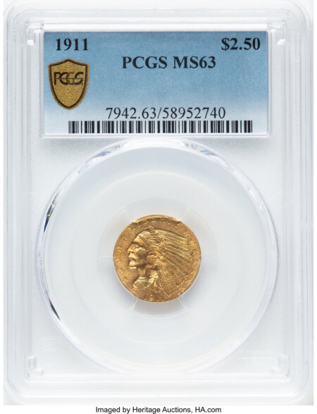 1911 $2 1/2 PCGS Secure 63 PCGS