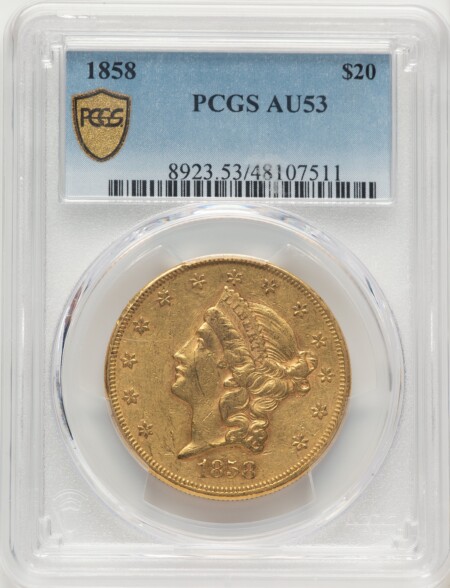 1858 $20 PCGS Secure Blue Gradient 53 PCGS