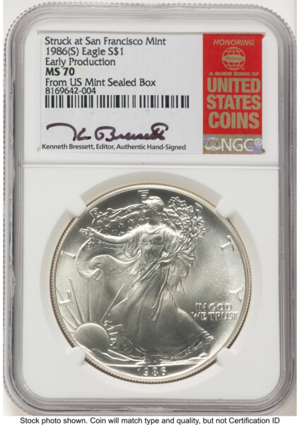 1986-(S) Silver Eagle Early Production Kenneth Bressett Red Book From US Mint Sealed Box 70 NGC