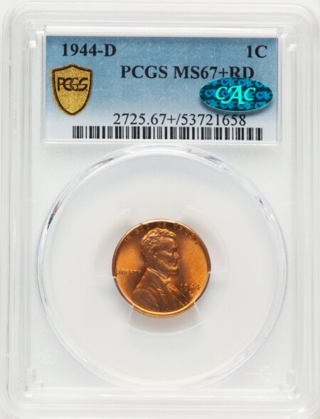 1944-D 1C, RD CAC PCGS Secure PCGS Plus 67 PCGS