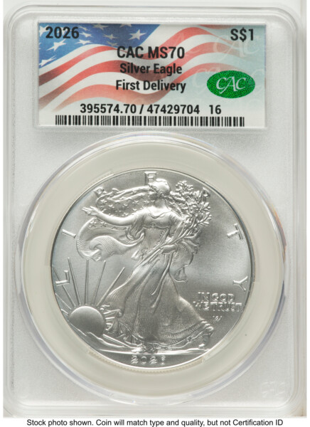 2026 Silver Eagle First Delivery Flag Label 70 CACG