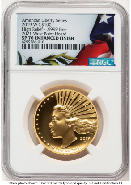 2019-W G$100 American Liberty High Relief, Enhanced 2021 West Point Mint Hoard Bunting Flag 70 NGC