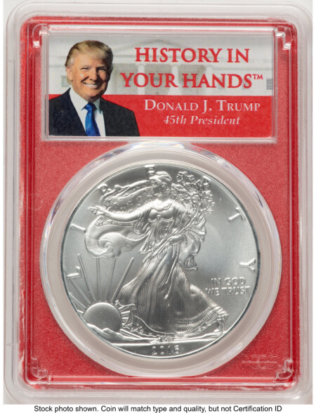 2016 Silver Eagle Trump "History in Your Hands" Red Frame Label 70 PCGS