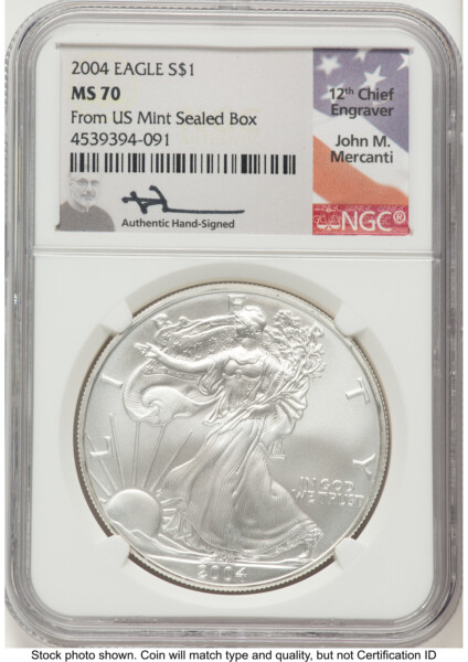 2004 Silver Eagle John Mercanti From US Mint Sealed Box 70 NGC