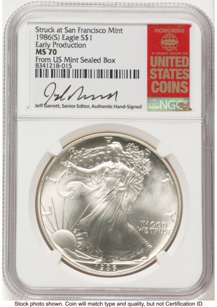 1986-(S) Silver Eagle Early Production Jeff Garrett Red Book From US Mint Sealed Box 70 NGC
