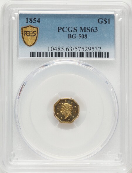 1854 $1, BG-508, MS PCGS Secure 63 PCGS