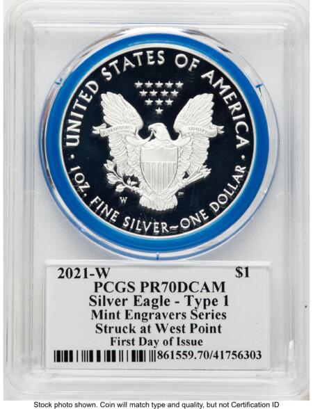2021-W TY1 Proof Silver Eagle 1 oz FDI Mint Engraver Series John Mercanti Blue Gasket 70 PCGS