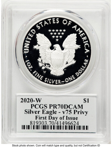 2020-W Proof Silver Eagle V75 Privy 1 oz FDI V75 Label 70 PCGS