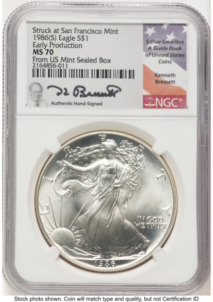 1986-(S) Silver Eagle Early Production Kenneth Bressett Portrait From US Mint Sealed Box 70 NGC