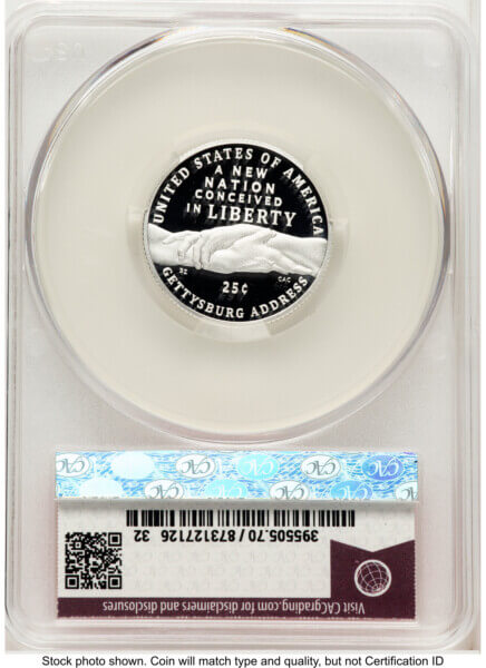 2026-S Semiquincentennial Gettysburg Address Quarter 25C, PR First Day of Delivery Red Book 70 CACG