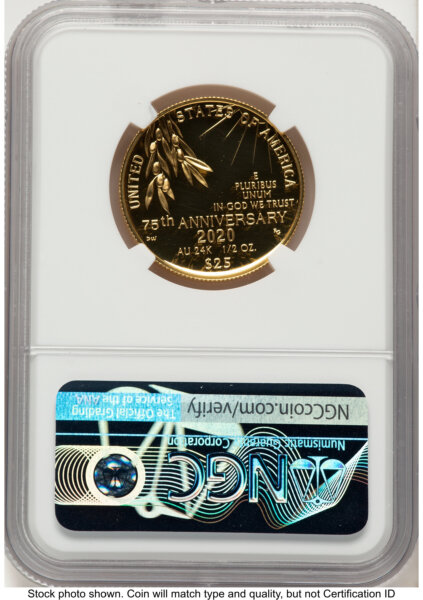 2020-W 1/2 oz Proof Gold End of World War II 75th Anniversary FDI Reagan Bust Art 70 NGC