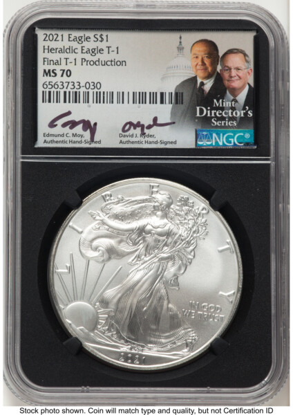 2021 Silver Eagle Type 1 Ed Moy/David J Ryder Mint Director's Series Blk Core 70 NGC