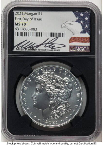 2021 S$1 6 Coin Morgan & Peace Dollar Set, MS FDI Miles Standish Eagle Flag Blk Core 70 NGC