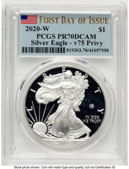 2020-W Proof Silver Eagle V75 Privy 1 oz FDI Flag 70 PCGS